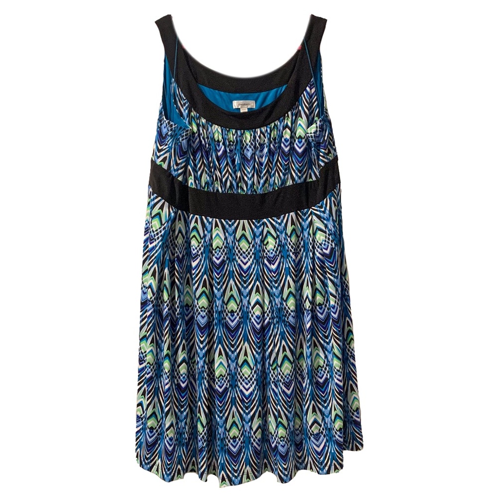 Dressbarn Blue Green Peacock Tribal A line Geometric Stretchy Women's Dress 22W